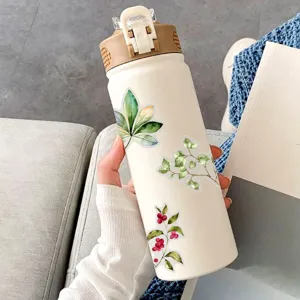 Insulated water bottle with watercolor plant stickers aesthetic thermos flask travel mug