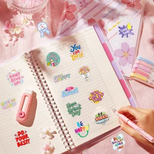 Detail view of cute motivational English PET stickers featuring colorful designs and quotes.