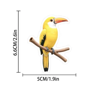 Yellow toucan bird waterproof sticker detail shot, showing precise dimensions and cute animal design.
