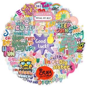 50pcs cartoon motivational English PET stickers pack, cute aesthetic decorative decal for journal.