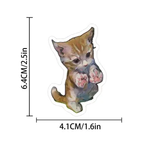 Detailed view of a cute vintage artistic kitten sticker with dimension marks for DIY decoration.
