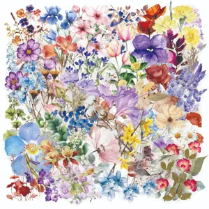Detailed view of colorful watercolor floral PET stickers sheet, vibrant botanical designs.