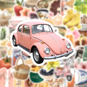 Pink vintage car waterproof sticker, retro picnic aesthetic sticker for laptop and skateboard.