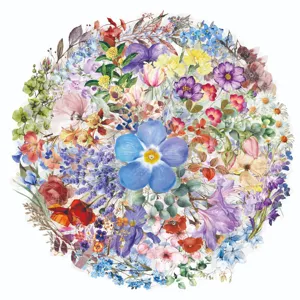 Watercolor floral circle sticker design, colorful decorative botanical art for journaling craft.