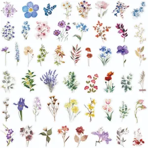 Detailed view of assorted watercolor floral stickers featuring various lovely plants and flowers.