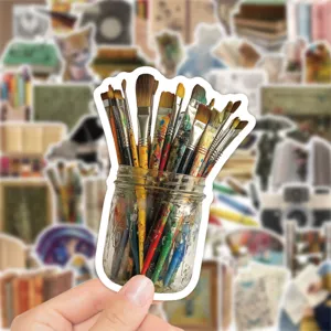 Vintage artistic painting graffiti sticker, paint brushes in jar design, waterproof decor.
