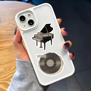 White protective phone case featuring artistic grand piano and vintage vinyl record graphics.