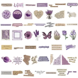50 Stk. lila ästhetische PET Sticker Set mit inspirierenden Zitaten und Blumen.