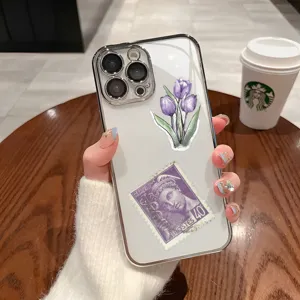 Transparente Handyhülle mit lila Tulpen und edlem Briefmarken Sticker als Schutzcover.