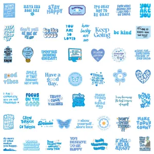 Close-up detail of blue aesthetic motivational quote stickers set for DIY journaling and cups.