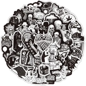 50 Stk. gothische schwarz-weiße Aufkleber Pack wasserdichte Totenkopf Punk Abziehbilder Laptop