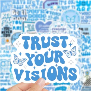 50pcs blue inspirational quote stickers aesthetic waterproof vinyl for journal water bottle