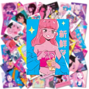 Close-up detail of anime aesthetic stickers, waterproof vinyl decal pack for water bottles.