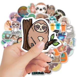 Cute sloth waterproof vinyl sticker detail view, perfect for laptop and luggage decoration.