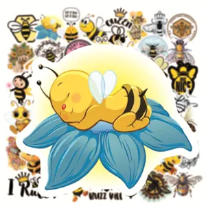 Cute cartoon bee stickers pack, waterproof vinyl graffiti decal for laptop and luggage decor.