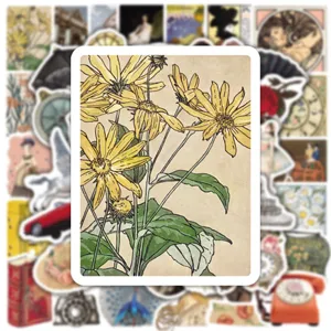Vintage botanical flower art sticker for journaling laptop skateboard and luggage decoration details.