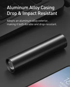 Portable rechargeable LED flashlight with durable aluminum alloy body for outdoor and home use.
