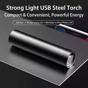 Portable strong light metal flashlight mini USB rechargeable LED torch for outdoor camping.