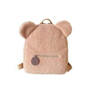 Mochila de peluche suave con orejas de oso para niñas, bolso esponjoso con cremallera.
