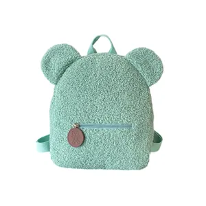 Mochila de felpa con orejas de oso linda bolsa escolar suave para mujeres y niñas verde