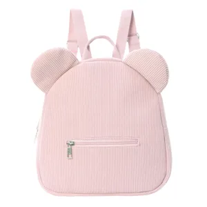 Mochila rosa de pana con orejas de oso para niñas, bolso escolar casual dulce para el día a día.