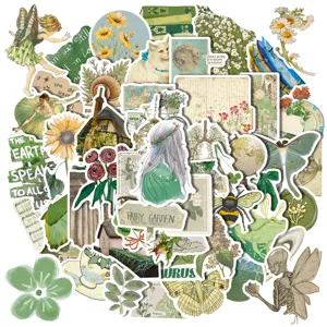 Green vintage sticker pack detail showcasing retro aesthetic botanical and fairy designs for journals.