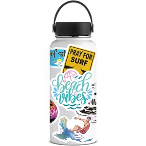 Waterproof surf stickers detail showing beach design and tropical art for tumbler decoration.