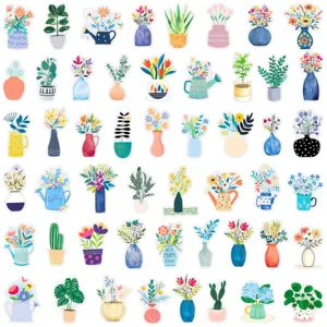 50pcs Nordic cartoon plant flower pot stickers waterproof PET journal decorative stickers