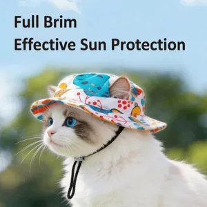 Süßer Katzen Sonnenhut mit Krempe und Kinngurt, perfekter Outdoor Haustier Fischerhut.