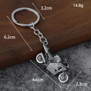 Retro alloy motorcycle keychain with detailed dimensions, metal race bike keyring model.