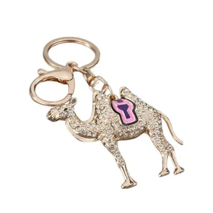 Creative rhinestone camel keychain with colorful enamel saddle, car key ring pendant.