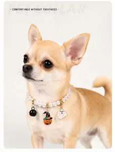 Süßes Perlen Haustierhalsband mit Halloween Kürbis Geist Anhängern für kleine Katzen und Hunde