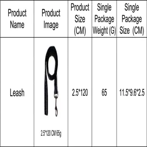 Dog leash size chart showing 2.5 by 120 cm dimensions and 65g package weight details.