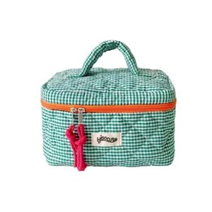 Green and white checkered quilted cosmetic bag with orange zipper and portable top handle.