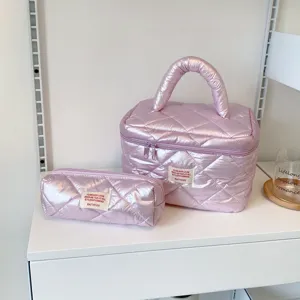 Pink quilted cosmetic bag set travel portable makeup storage organizer with handle for women.