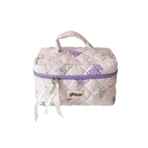 Pink quilted butterfly print makeup bag with handle and zipper for travel and daily storage.