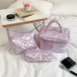 Korean minimalist quilted cosmetic bag set, shiny puffer makeup travel storage pouch.