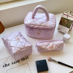 Pink quilted makeup bag set, portable travel cosmetic storage organizer pouch for women