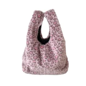 Chic pink leopard print faux fur handbag, fluffy plush tote bag for women daily commute.