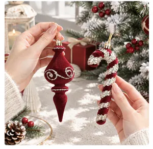 Weihnachten Samt Anhänger burgund Glitzer Kugel Zuckerstange Baum Deko rot 2Stk