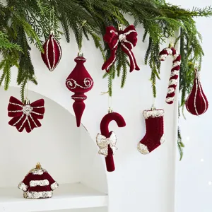 Weinrot Beflockter Weihnachtsbaum Hängeornamente Schleife Zuckerstange Socke Geformt Feiertag Zuhause Party Fenster Dekor