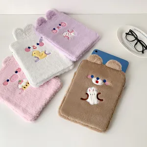 Cute plush tablet sleeve set, soft fur cartoon animal ipad case for 10.5 11 inch devices.