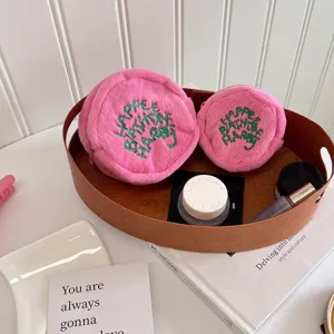 Ins Minimalist Plush Coin Purse Cute Cartoon Letter Embroidery Mini Round Storage Bag Portable Earphone Bag For Women