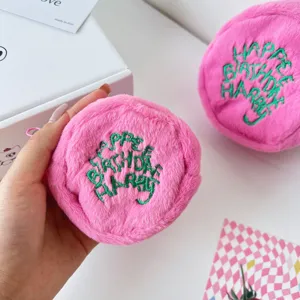 Cute pink plush round coin purse mini storage bag with green embroidery, sweet style makeup pouch.