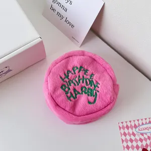 Pink plush round coin purse mini headphone storage bag soft fluffy cosmetic pouch for women