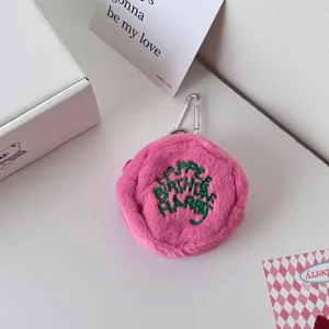 Cute pink plush coin purse with carabiner, soft furry mini earphone pouch and storage bag.