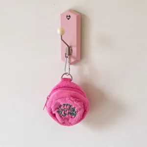 Pink plush round coin purse cute mini earphone storage bag with metal hook for daily use.