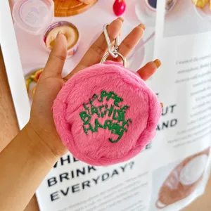Cute pink plush coin purse with embroidery, fluffy round mini zipper wallet with metal clip.