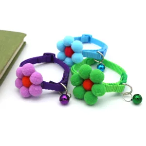 Colorful pet collar with plush flower and bell, cute neck strap for cats and small dogs.