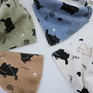Cute cartoon cat print pet bandana saliva towel small dog scarf detail view soft cotton